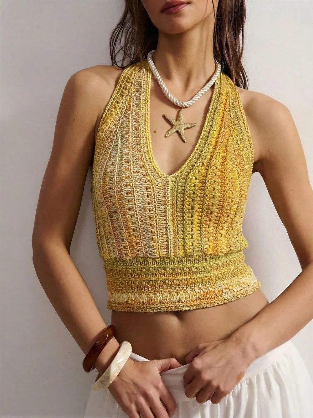 Multicolor Boho Casual Women's Tie-Neck Color Block Knit Top - Picture 9 of 9